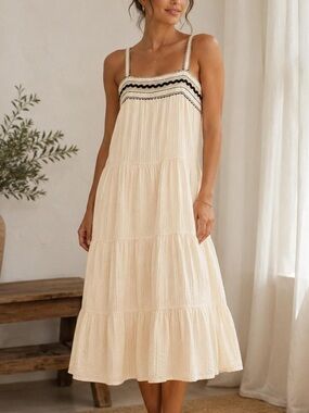 Zara Cream Maxi Dress with Black Ricrac Trim S